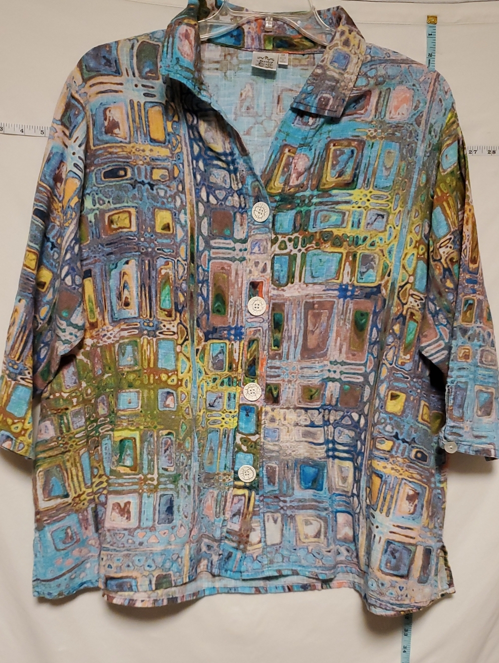 Parsley & Sage Cotton Multicolor Geometric Button Shirt Blue Green Artsy 3x